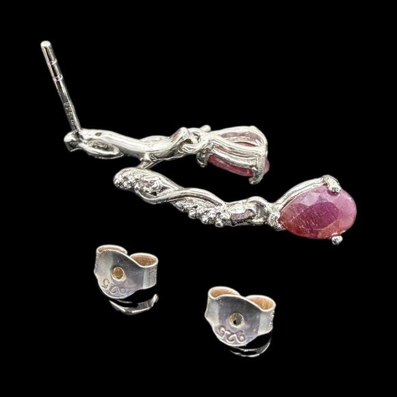 Natural Red Ruby Diamond Dangle Earrings 925 Sterling Silver - Picture 5 of 5
